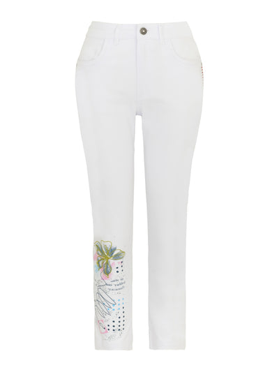 White Straight Leg Jeans With Flower Detailing On Right Leg