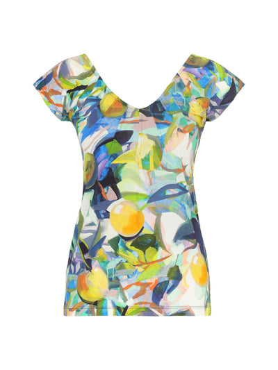 Abstract Print T-Shirt With Stitching V-neck Detail