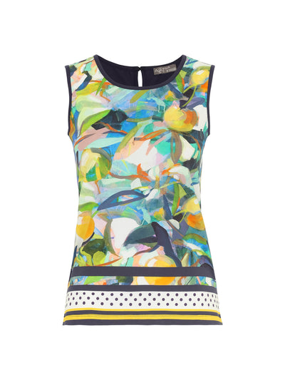Abstract Print Sleeveless Top With Dotted Design & Plain Back