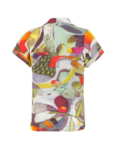 Abstract Print Short Sleeve Top With Buttons & Tie Detail