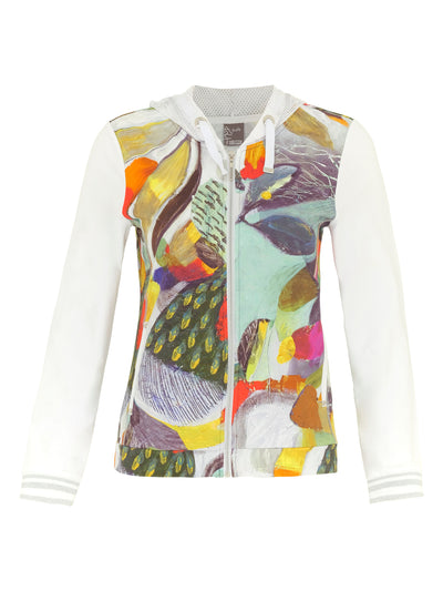 Abstract Print Zip Up Jacket With Plain Sleeves & Mesh Hood