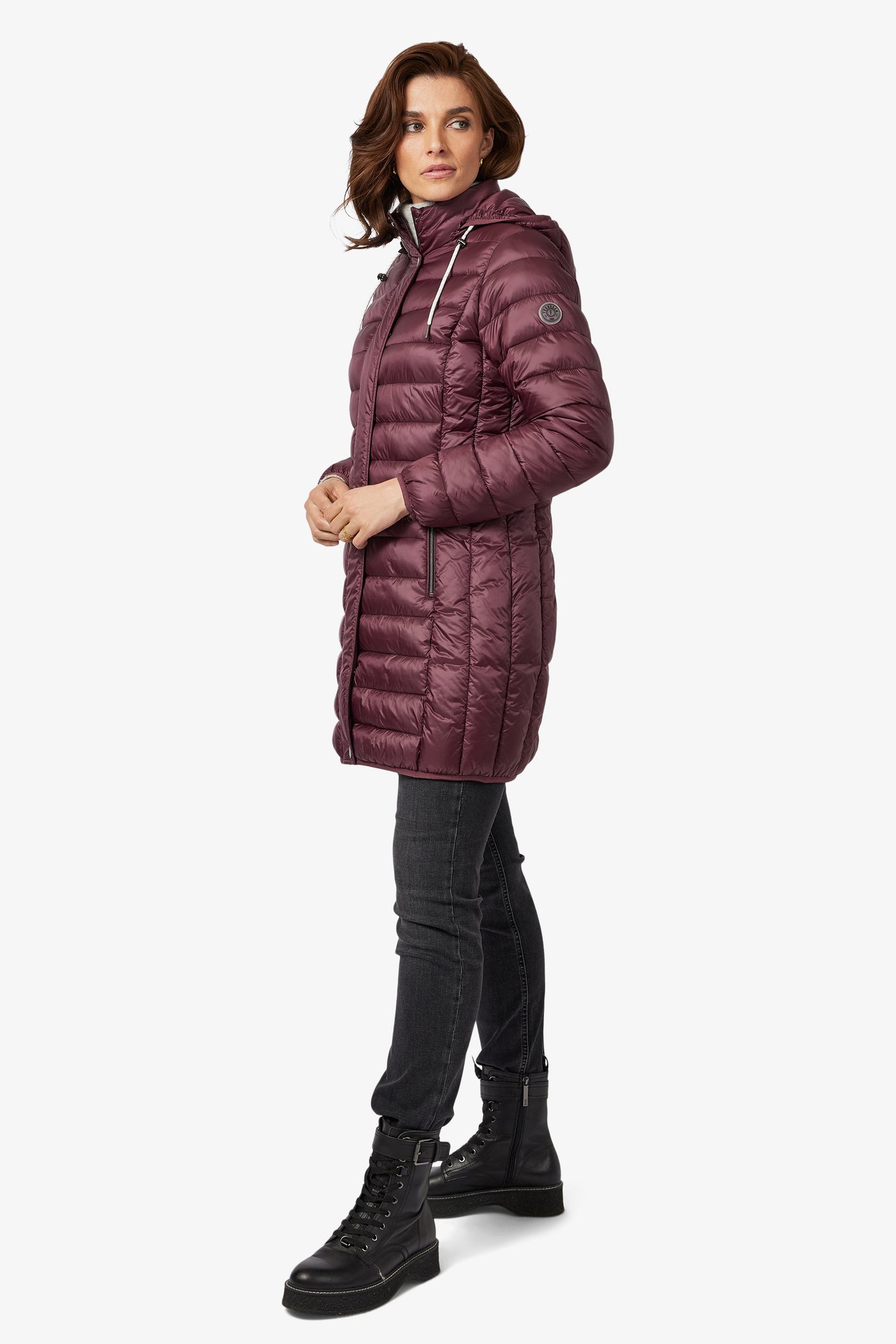 Wine Quilted Puffer Jacket with Detachable Hood