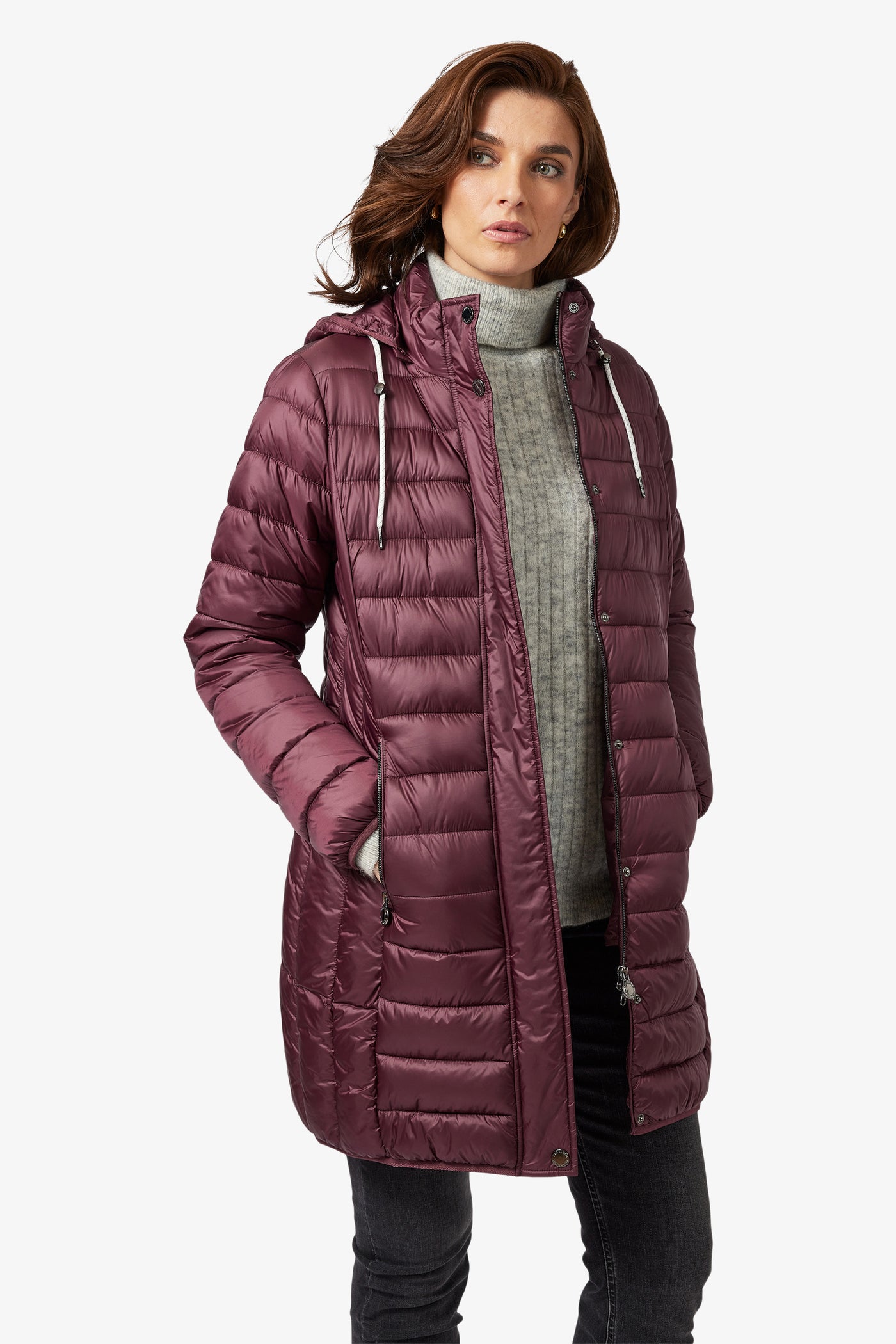 Wine Quilted Puffer Jacket with Detachable Hood