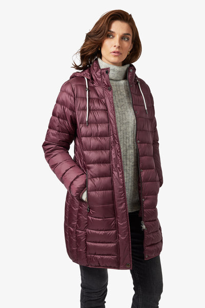 Wine Quilted Puffer Jacket with Detachable Hood
