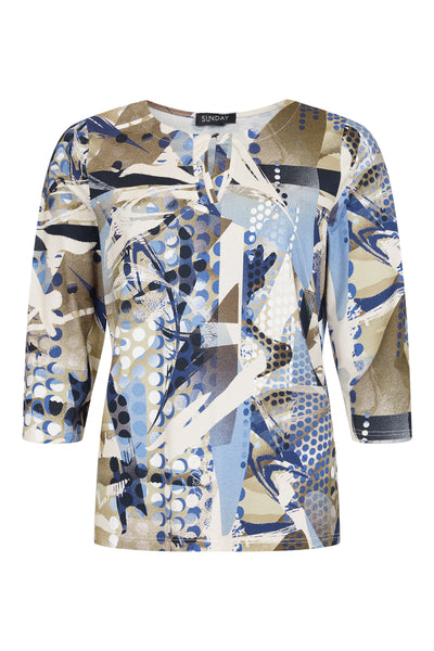 Brown / Blue Spotted Abstract Top with Grandfather Collar