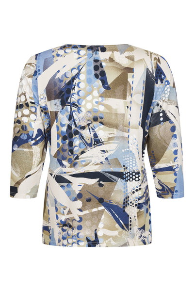 Brown / Blue Spotted Abstract Top with Grandfather Collar