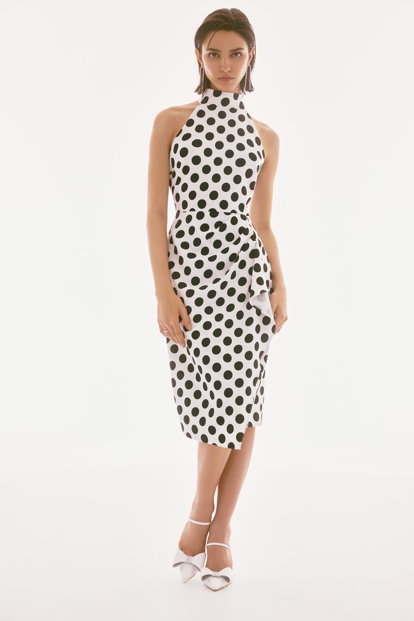 Joseph Ribkoff Vanilla/Black Lux Twill Dot Print Halter Dress