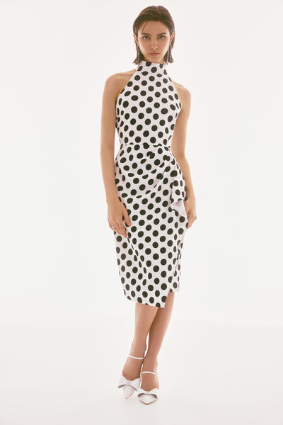 Joseph Ribkoff Vanilla/Black Lux Twill Dot Print Halter Dress