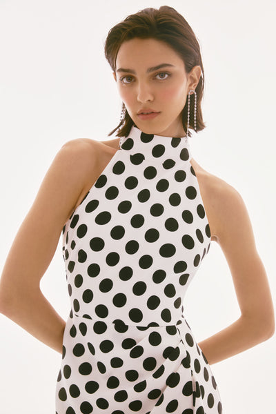 Joseph Ribkoff Vanilla/Black Lux Twill Dot Print Halter Dress