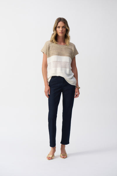 Joseph Ribkoff Vanilla & Gold Color Block Metallic Sweater Knit Pullover