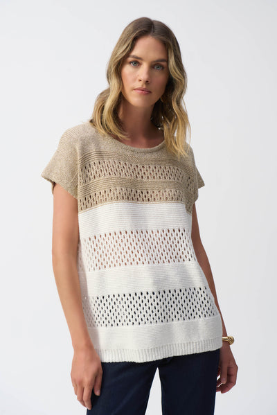 Joseph Ribkoff Vanilla & Gold Color Block Metallic Sweater Knit Pullover