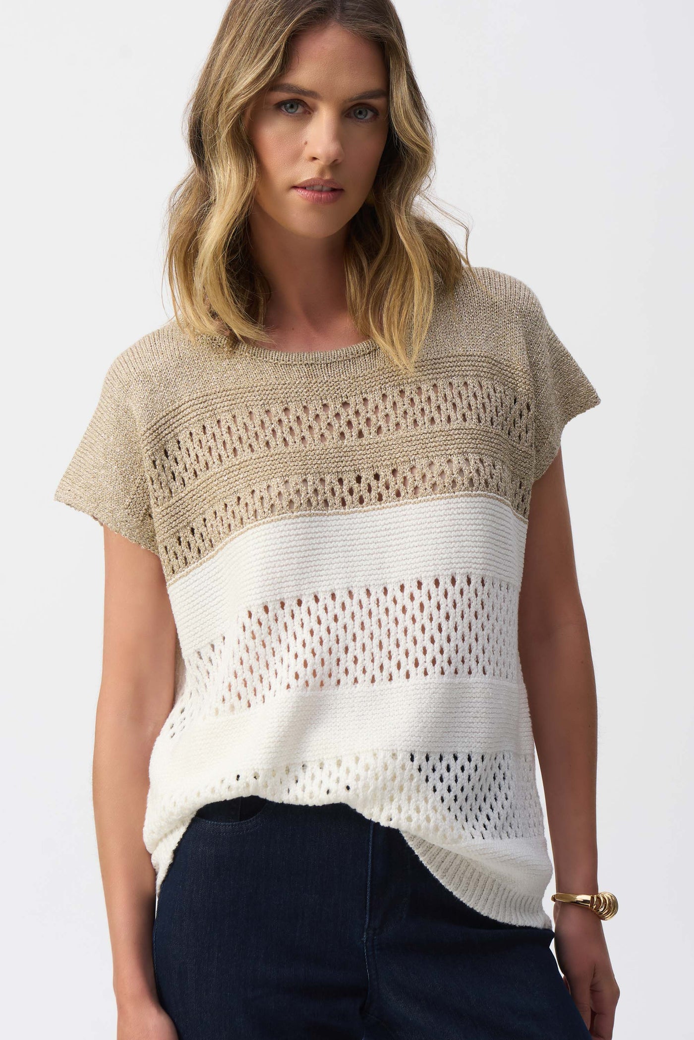 Joseph Ribkoff Vanilla & Gold Color Block Metallic Sweater Knit Pullover
