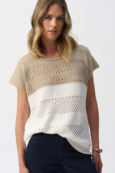 Joseph Ribkoff Vanilla & Gold Color Block Metallic Sweater Knit Pullover