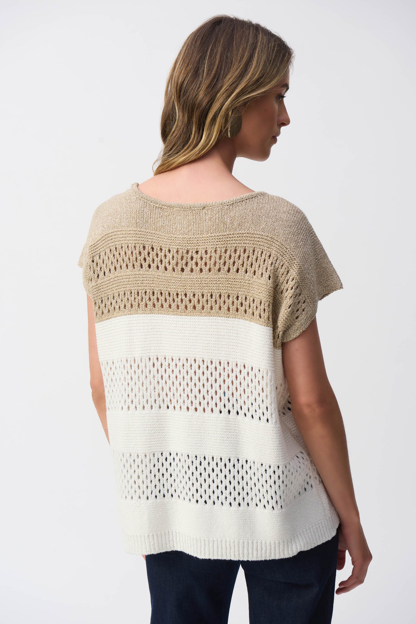 Joseph Ribkoff Vanilla & Gold Color Block Metallic Sweater Knit Pullover