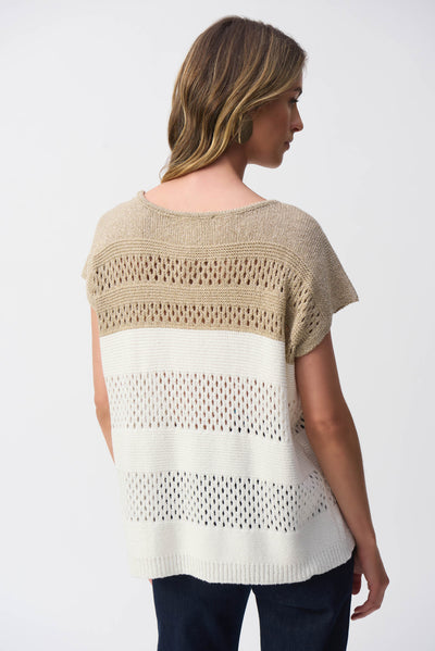 Joseph Ribkoff Vanilla & Gold Color Block Metallic Sweater Knit Pullover
