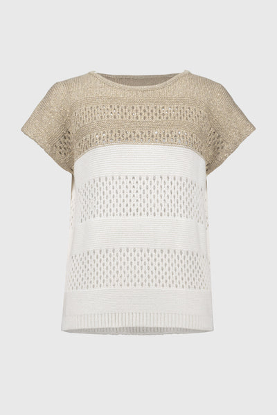 Joseph Ribkoff Vanilla & Gold Color Block Metallic Sweater Knit Pullover