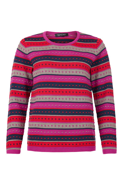 Fuchsia and Red Striped Round Neck Jumper