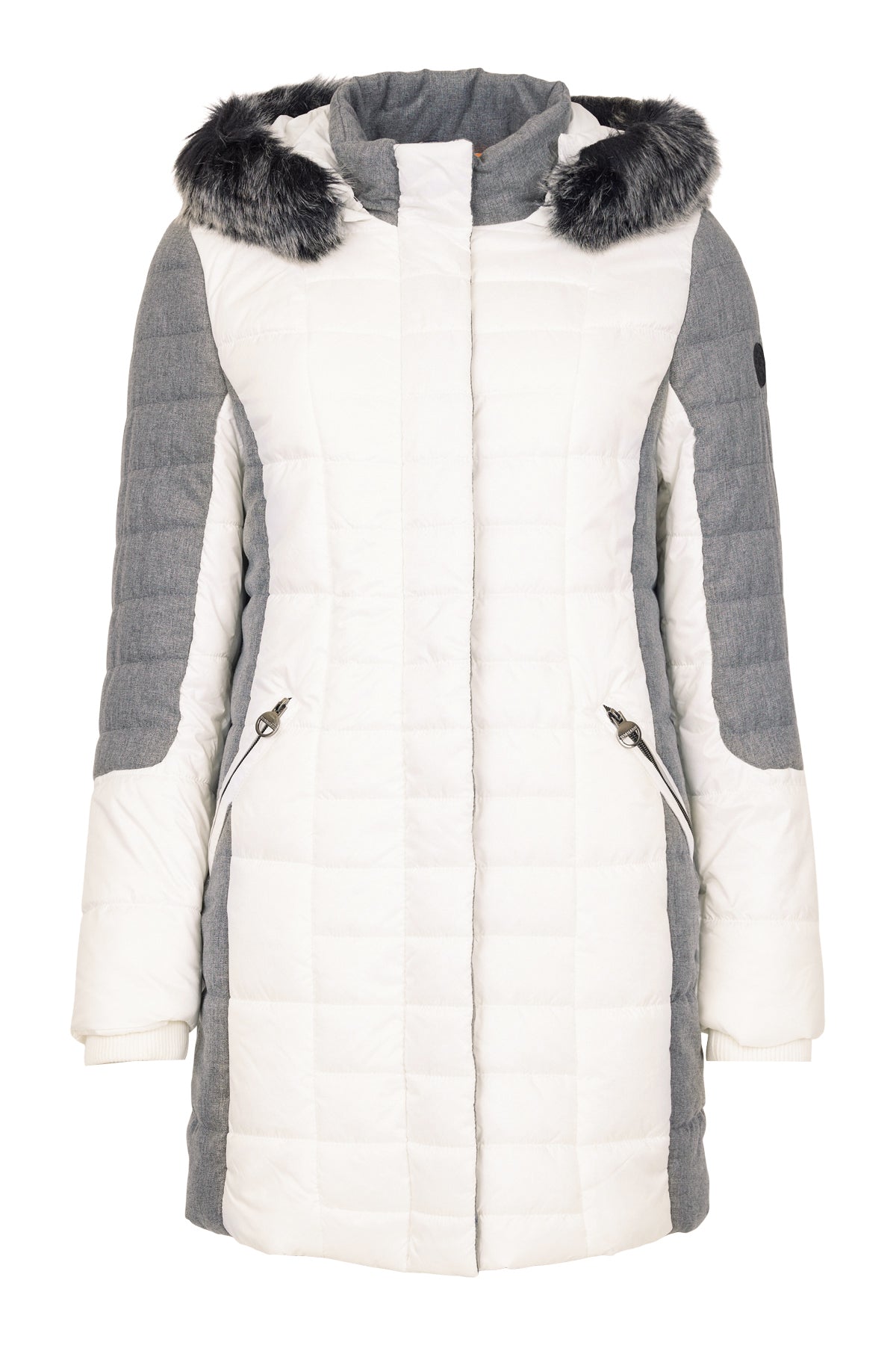 Cream and Grey Puffer Jacket with Faux Fur Hood