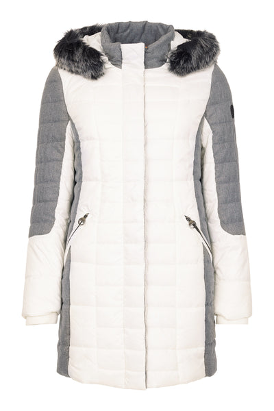 Cream and Grey Puffer Jacket with Faux Fur Hood