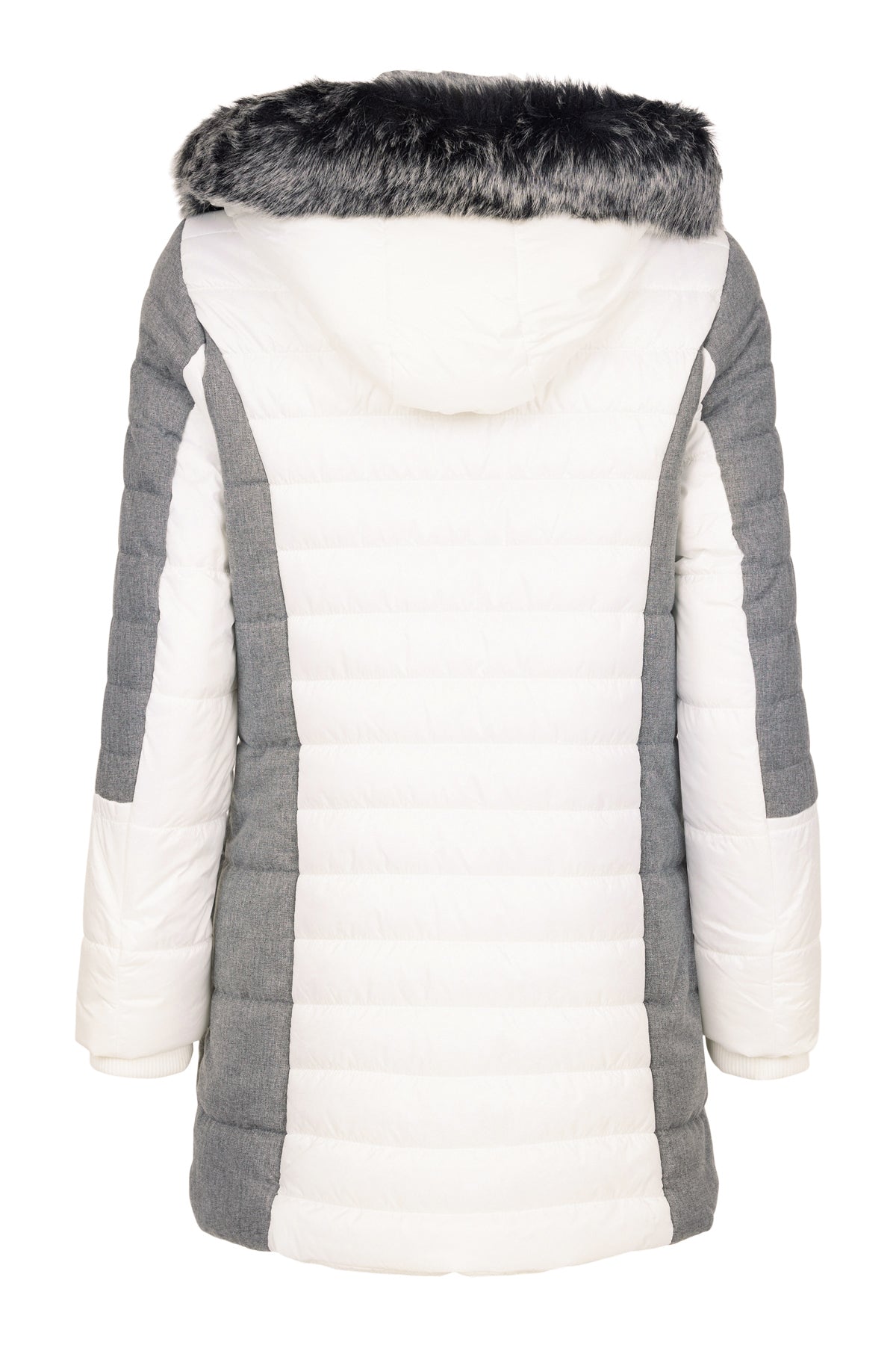 Cream and Grey Puffer Jacket with Faux Fur Hood