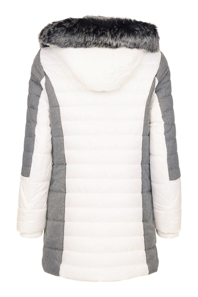 Cream and Grey Puffer Jacket with Faux Fur Hood