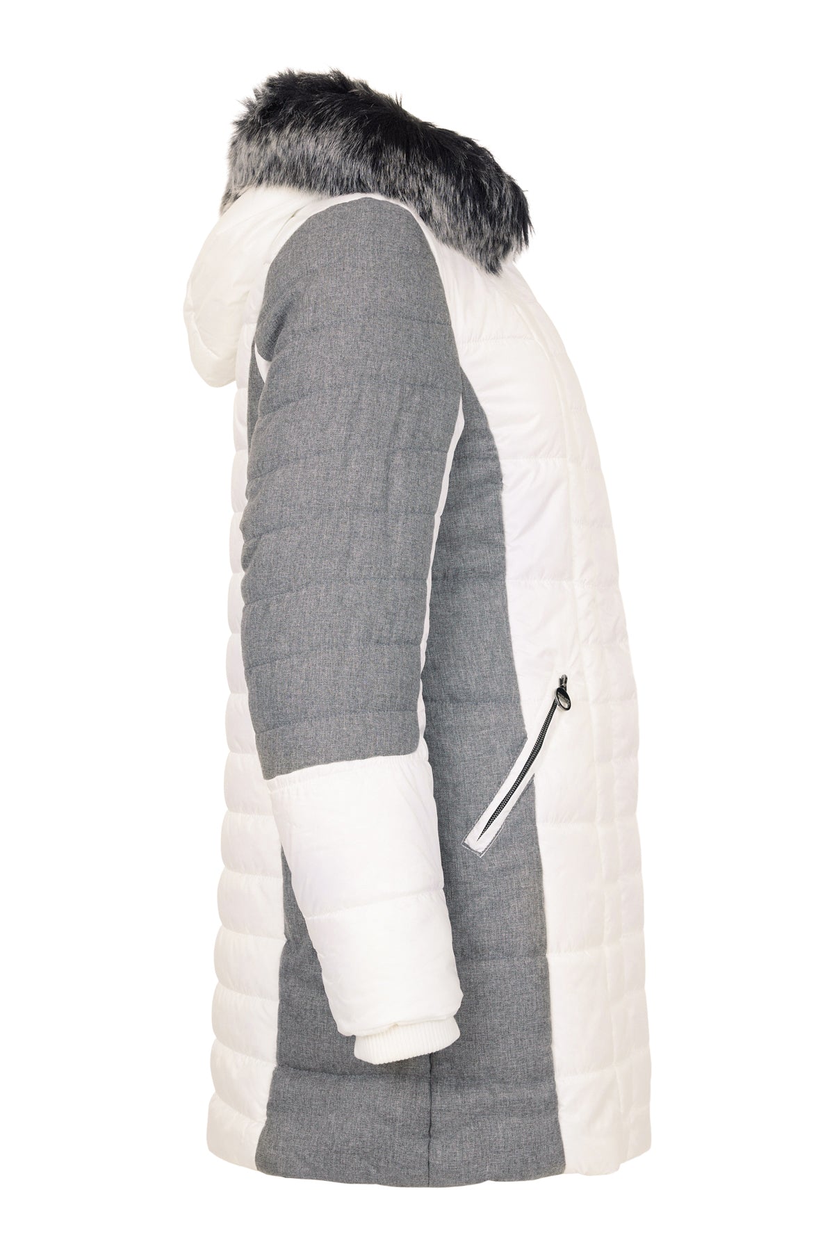Cream and Grey Puffer Jacket with Faux Fur Hood