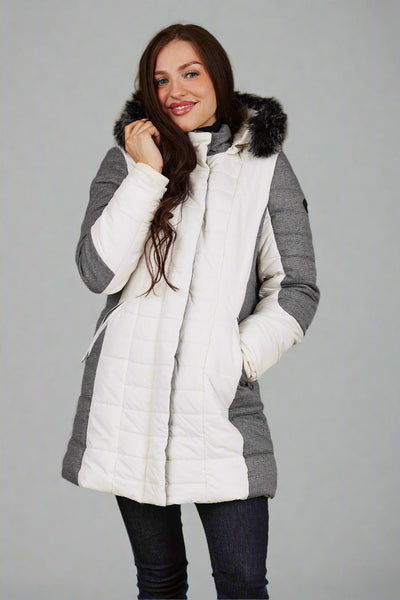 Cream and Grey Puffer Jacket with Faux Fur Hood