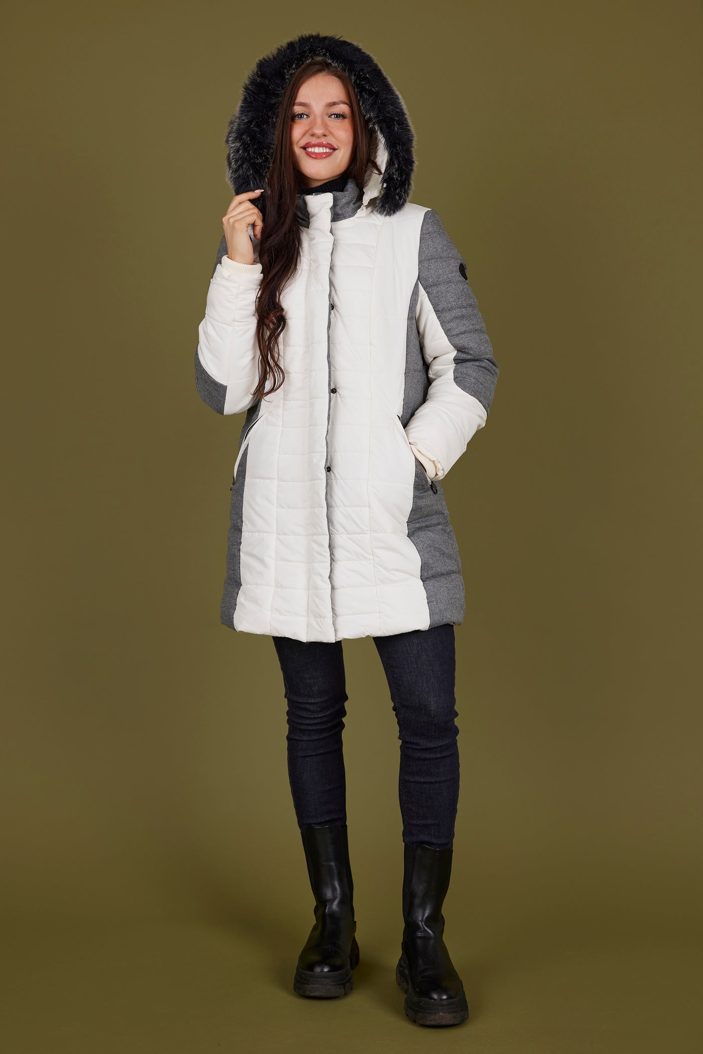Cream and Grey Puffer Jacket with Faux Fur Hood