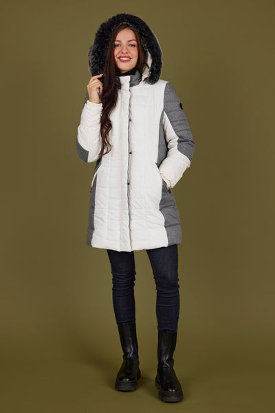 Cream and Grey Puffer Jacket with Faux Fur Hood