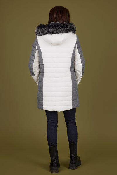 Cream and Grey Puffer Jacket with Faux Fur Hood