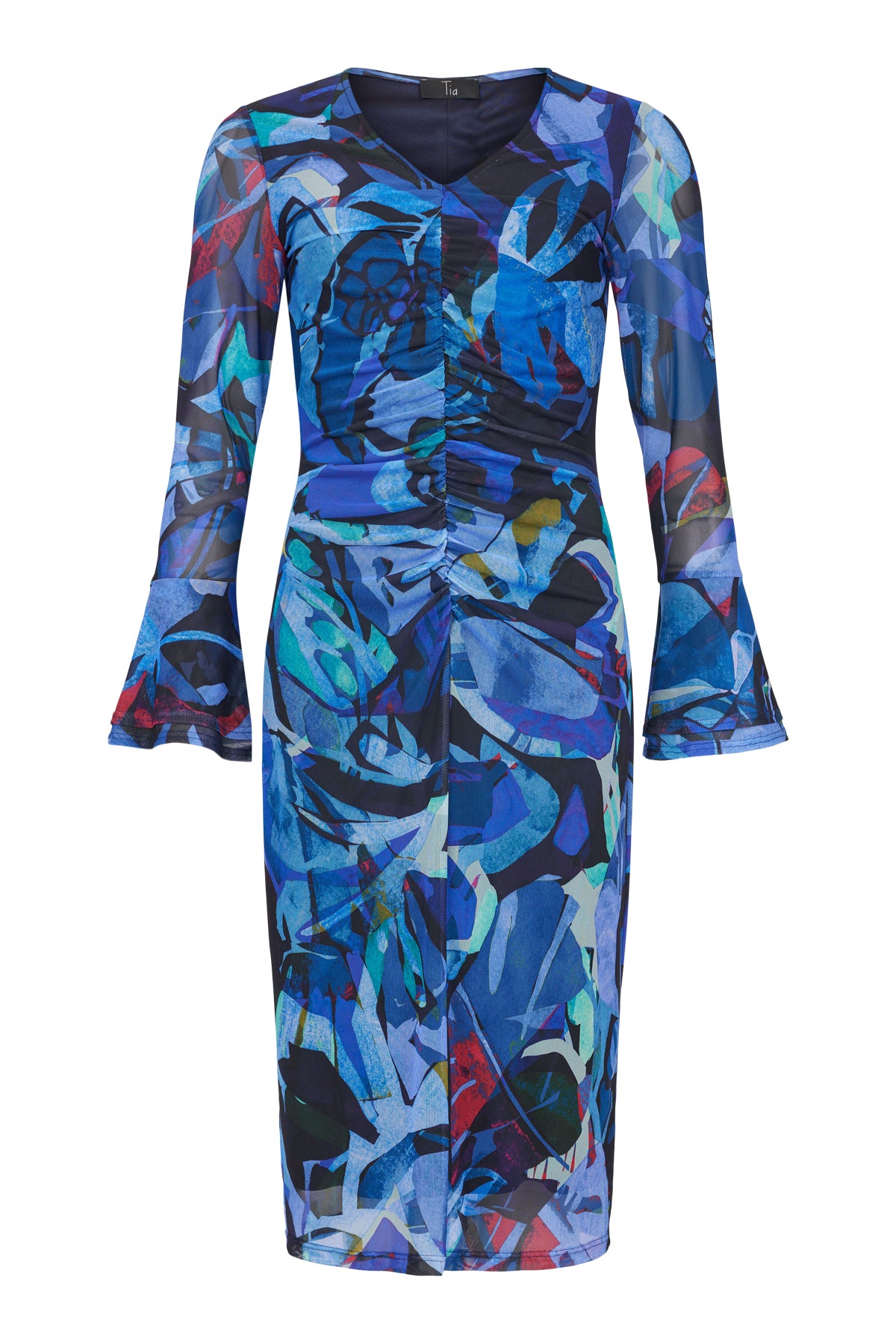 Wild Blue V-Neck Dress with Rouching Detail