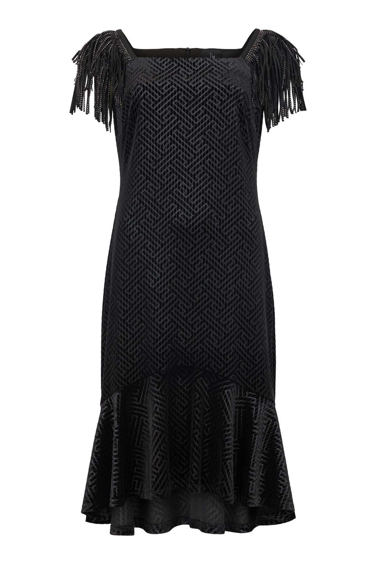 Black Velvet Feel Fish Tale Dress with Sequin Fringe Detail