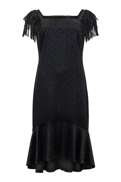 Black Velvet Feel Fish Tale Dress with Sequin Fringe Detail