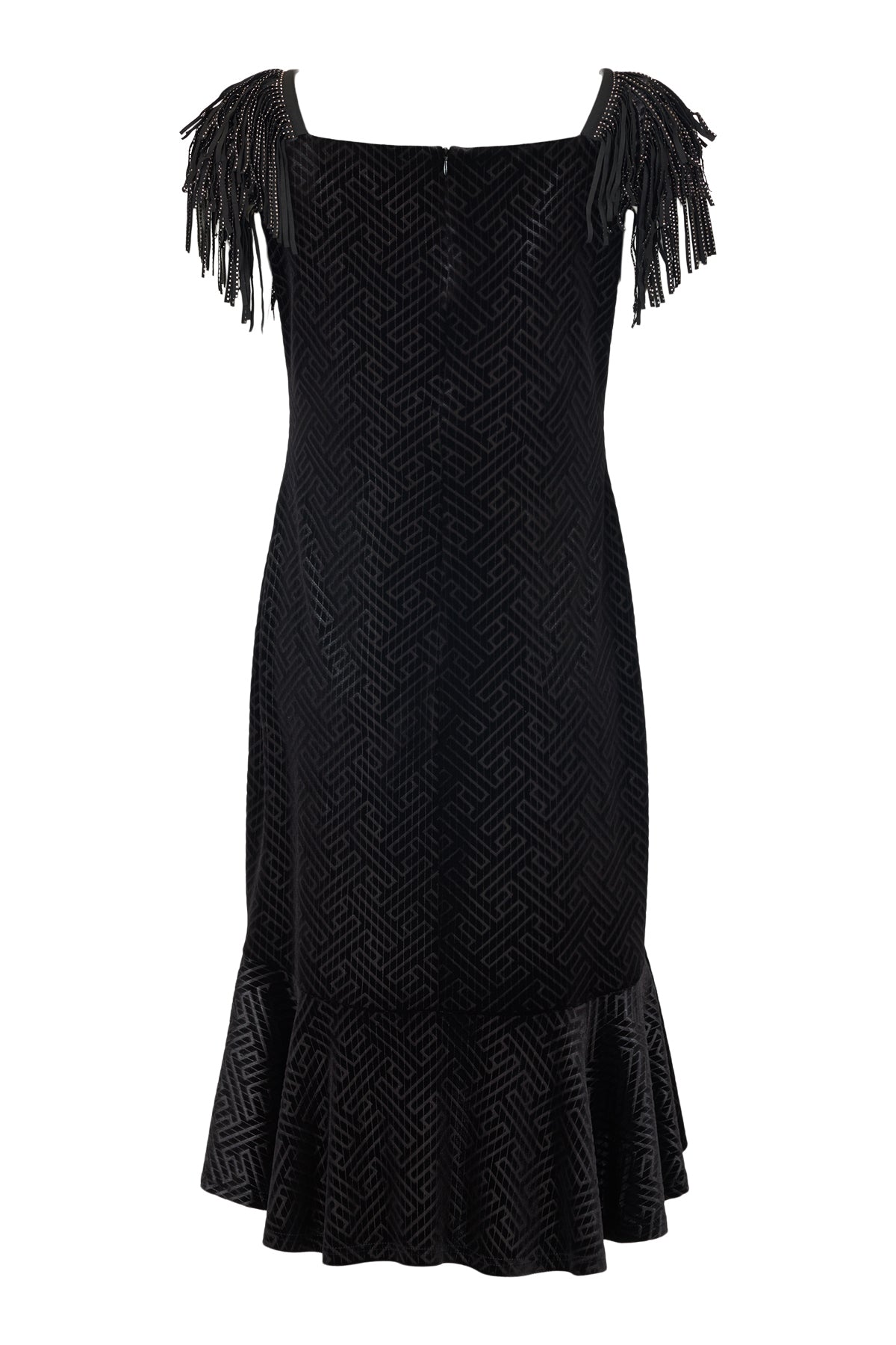 Black Velvet Feel Fish Tale Dress with Sequin Fringe Detail