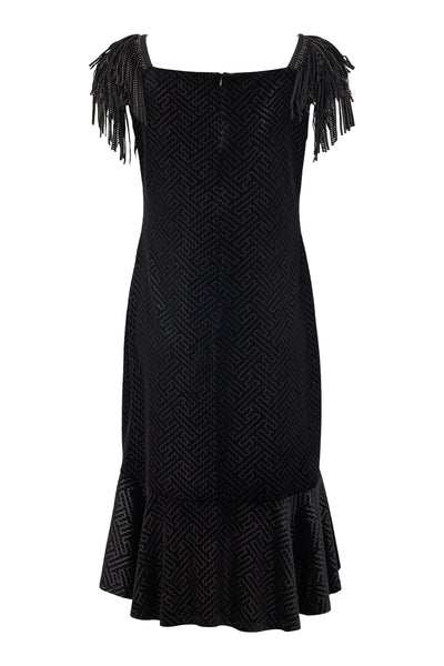 Black Velvet Feel Fish Tale Dress with Sequin Fringe Detail