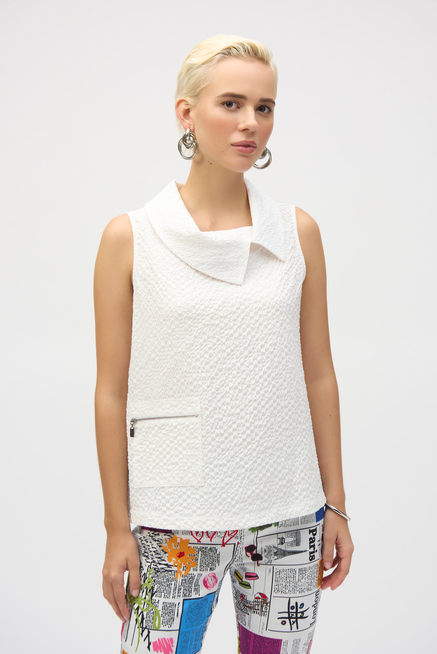 Joseph Ribkoff White Seersucker Sleeveless Straight Top