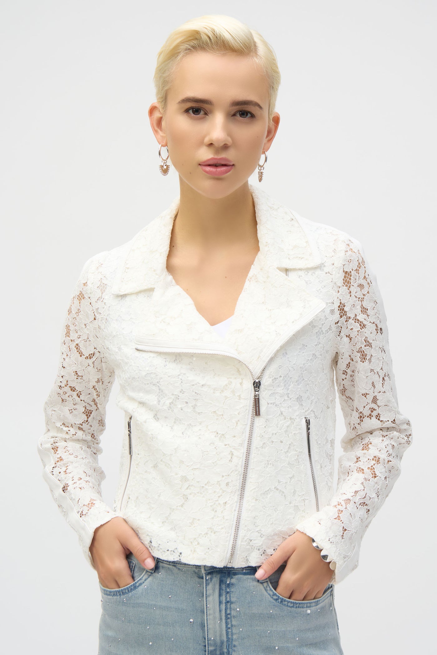 Joseph Ribkoff Vanilla Lace Fitted Moto Jacket