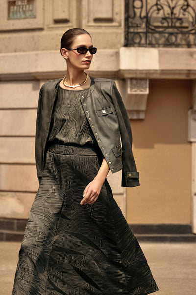 Joseph Ribkoff Avocado Pleated Satin Boxy Top