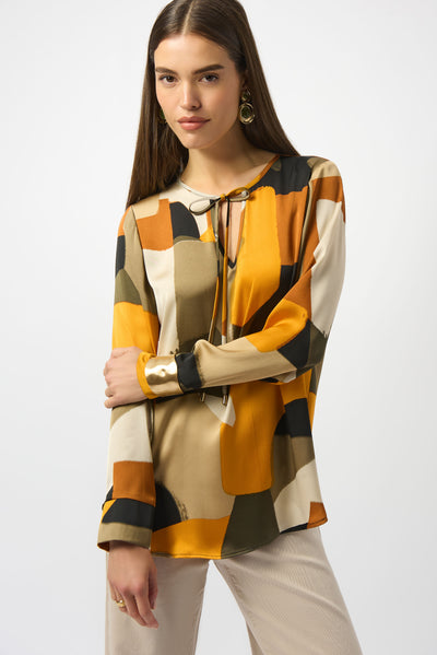 Joseph Ribkoff Black/Multi Recycled Satin Abstract Print Straight Top