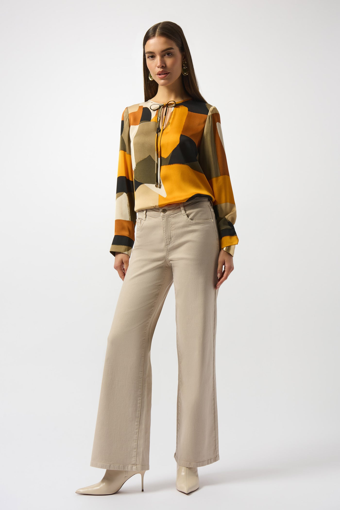 Joseph Ribkoff Black/Multi Recycled Satin Abstract Print Straight Top