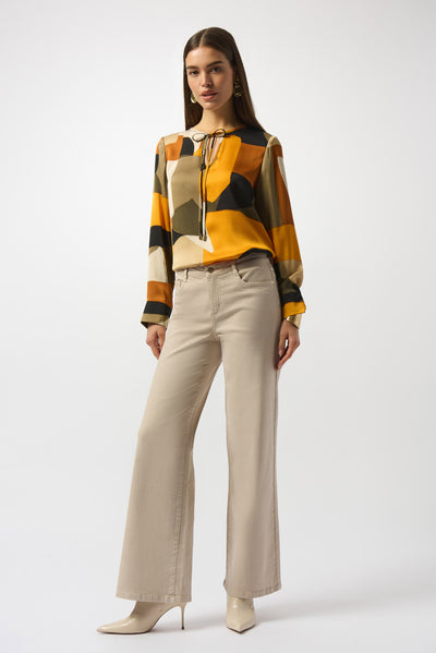 Joseph Ribkoff Black/Multi Recycled Satin Abstract Print Straight Top