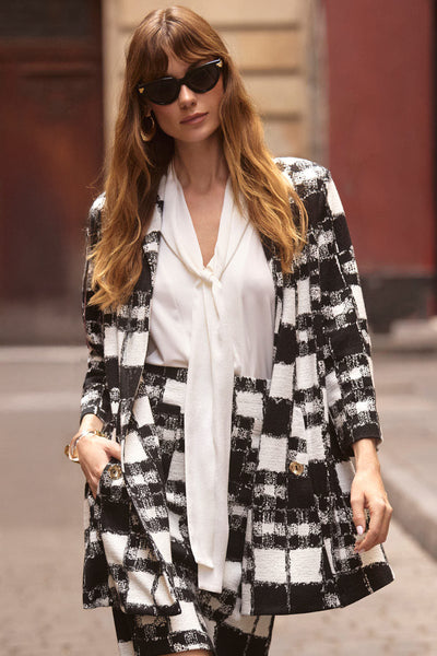 Joseph Ribkoff Jacquard Sweater Plaid Print A-Line Jacket