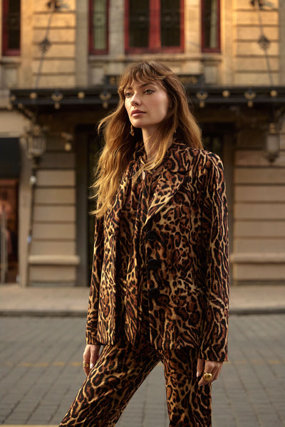 Joseph Ribkoff Black/Brown Silky Knit Animal Print Fitted Blazer