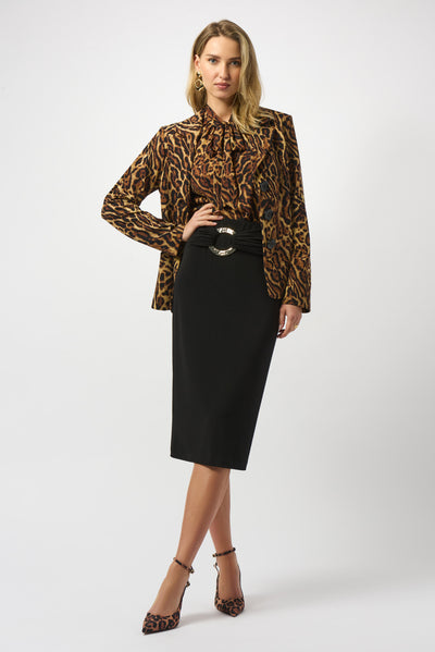 Joseph Ribkoff Black/Brown Silky Knit Animal Print Fitted Blazer