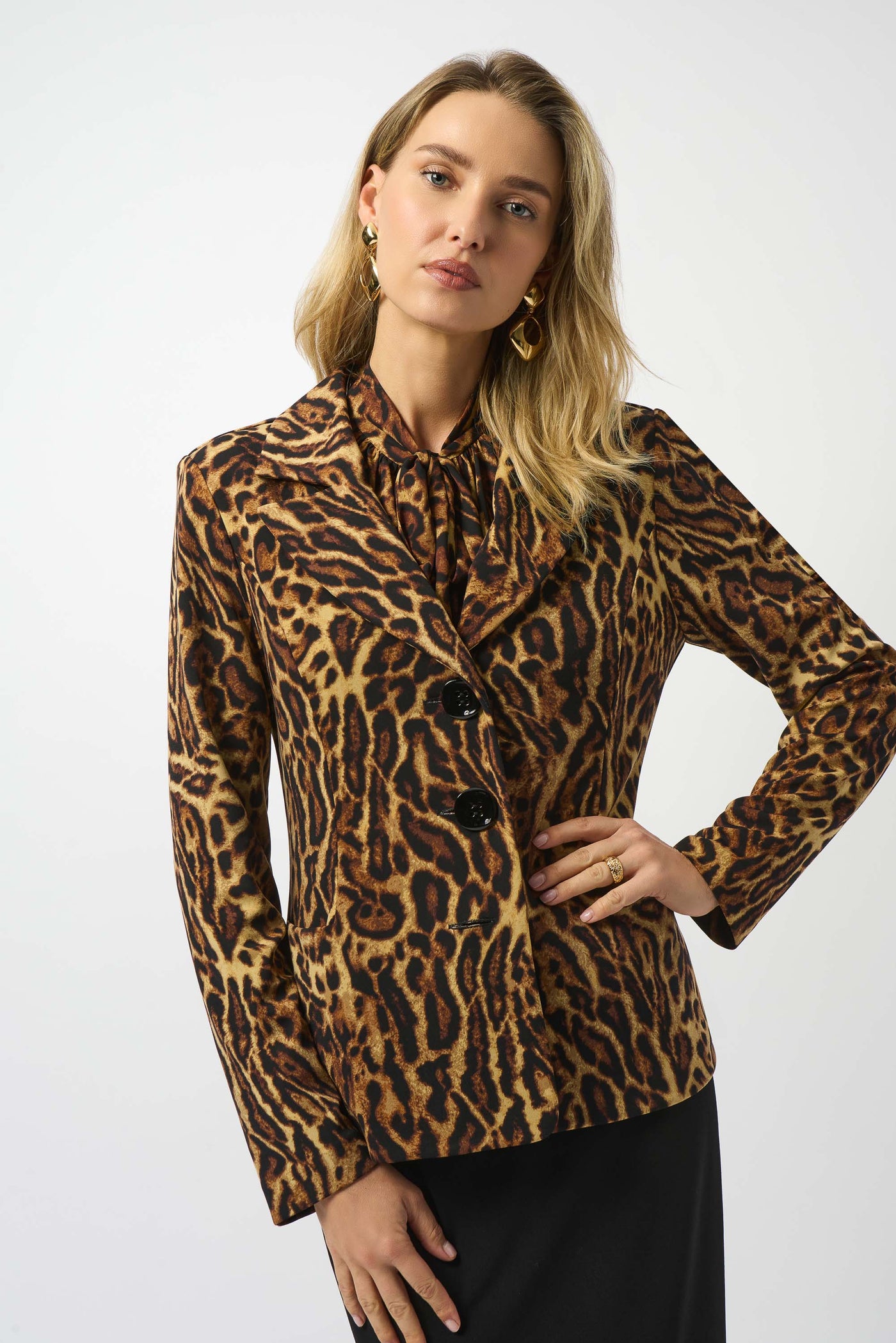 Joseph Ribkoff Black/Brown Silky Knit Animal Print Fitted Blazer