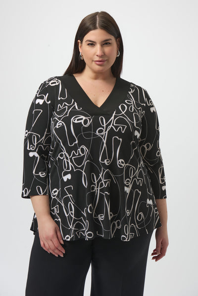 Joseph Ribkoff Black/Moonstone Silky Knit Face Print Flared Top