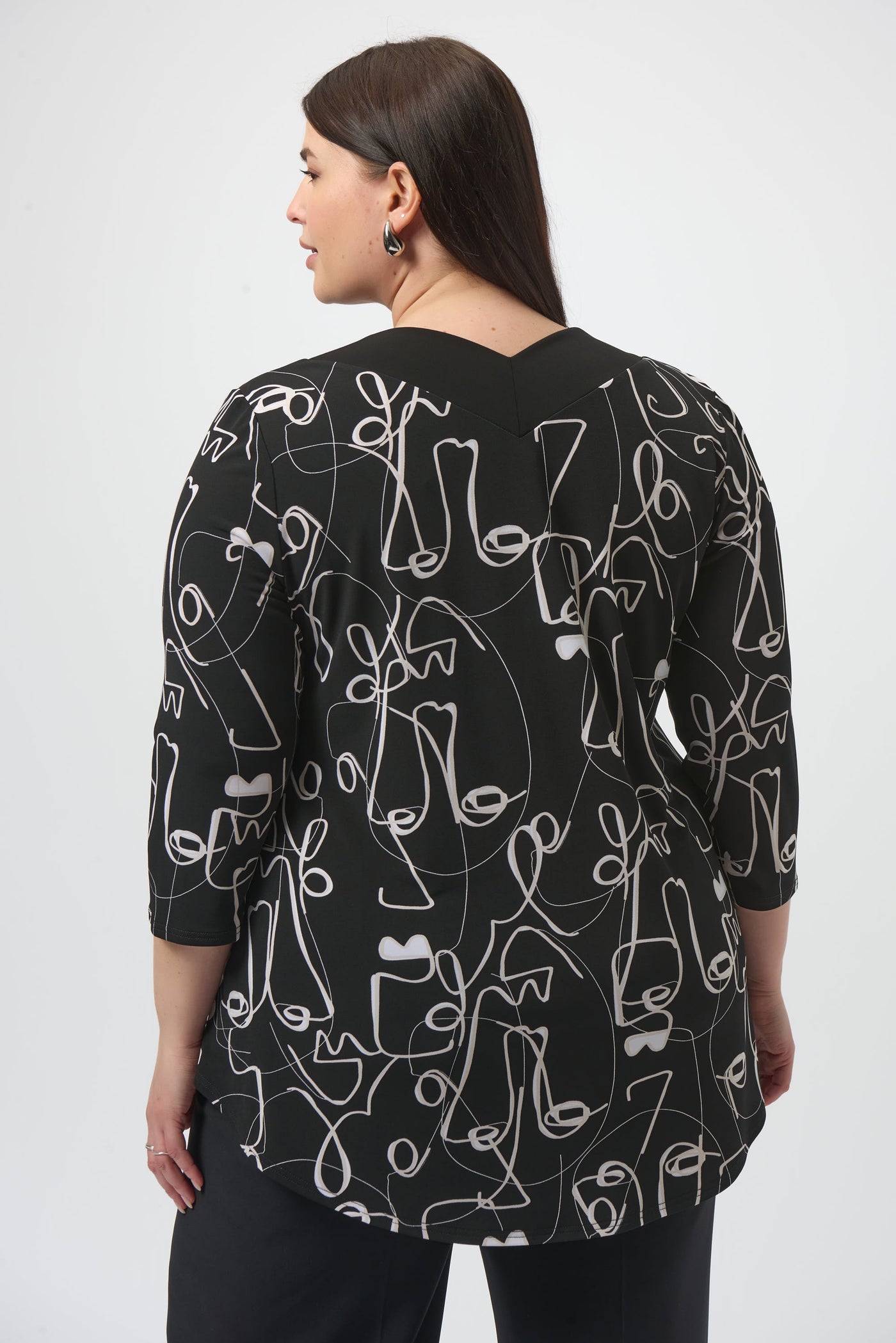 Joseph Ribkoff Black/Moonstone Silky Knit Face Print Flared Top