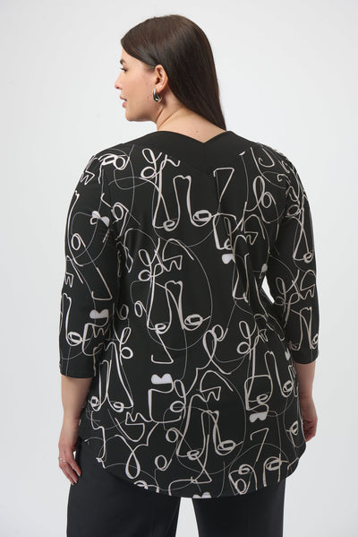 Joseph Ribkoff Black/Moonstone Silky Knit Face Print Flared Top
