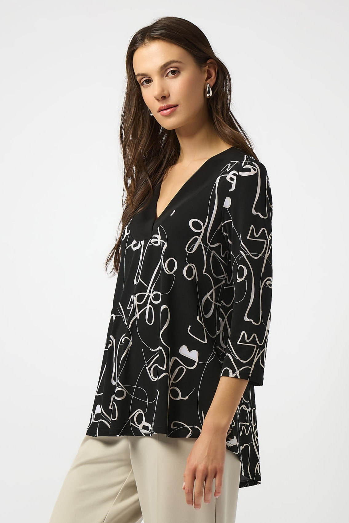 Joseph Ribkoff Black/Moonstone Silky Knit Face Print Flared Top