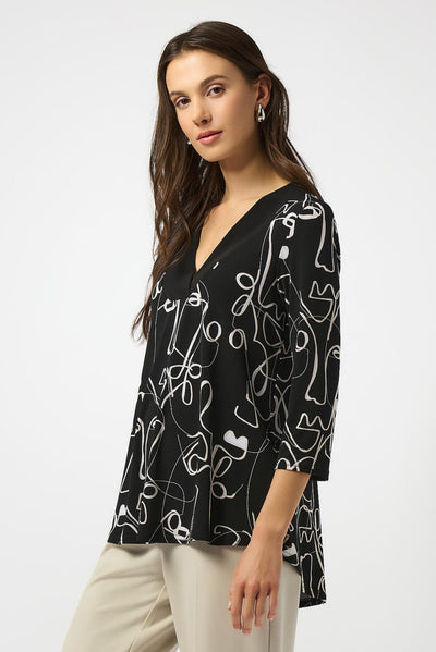 Joseph Ribkoff Black/Moonstone Silky Knit Face Print Flared Top
